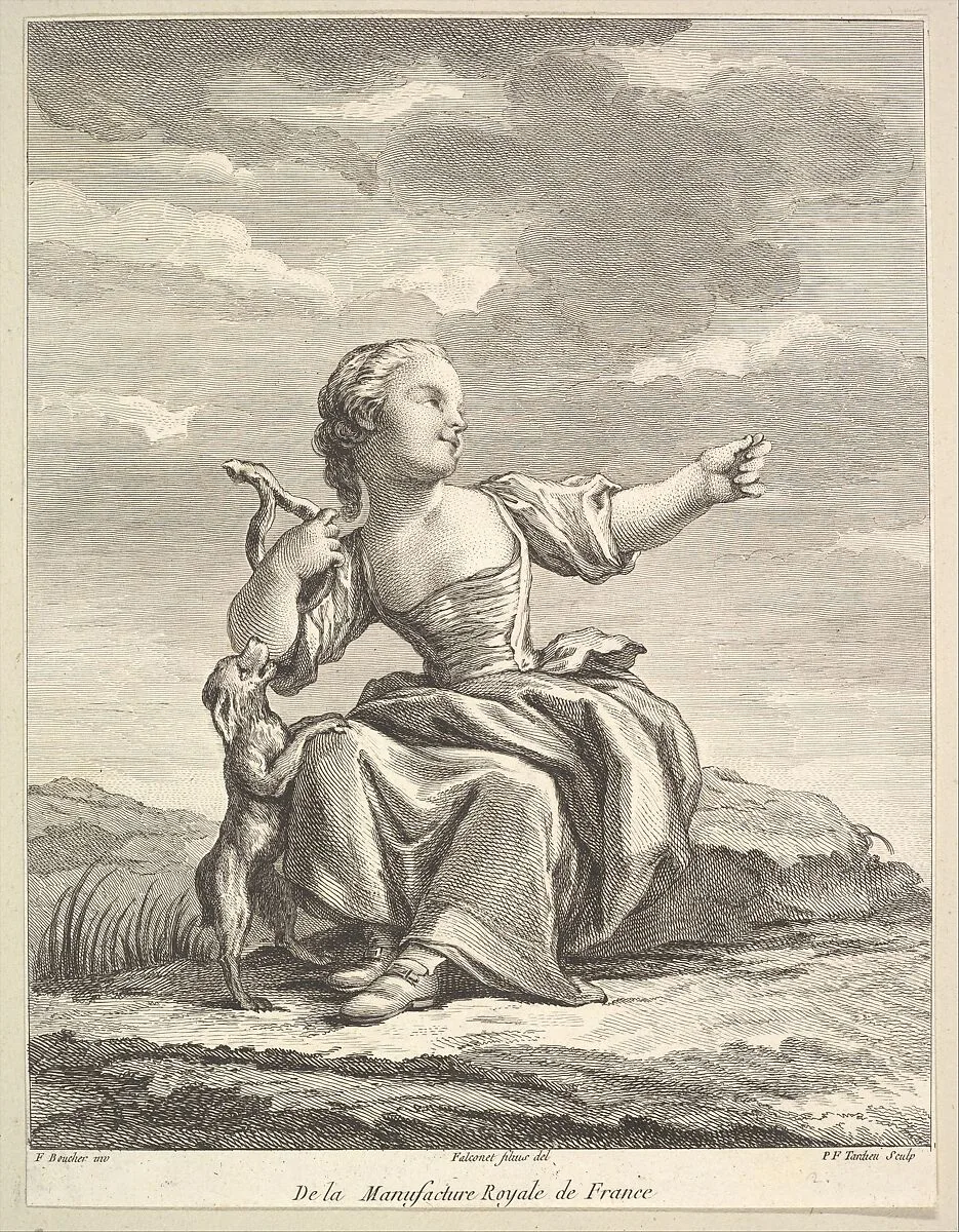 Little girl playing with a dog, from Deuxième Livre de Figures d'après les porcelaines de la Manufacture Royale de France (Second Book of Figures after porcelains from the Manufacture Royale de France) — François Boucher|Pierre François Tardieu|Pierre Etienne Falconet