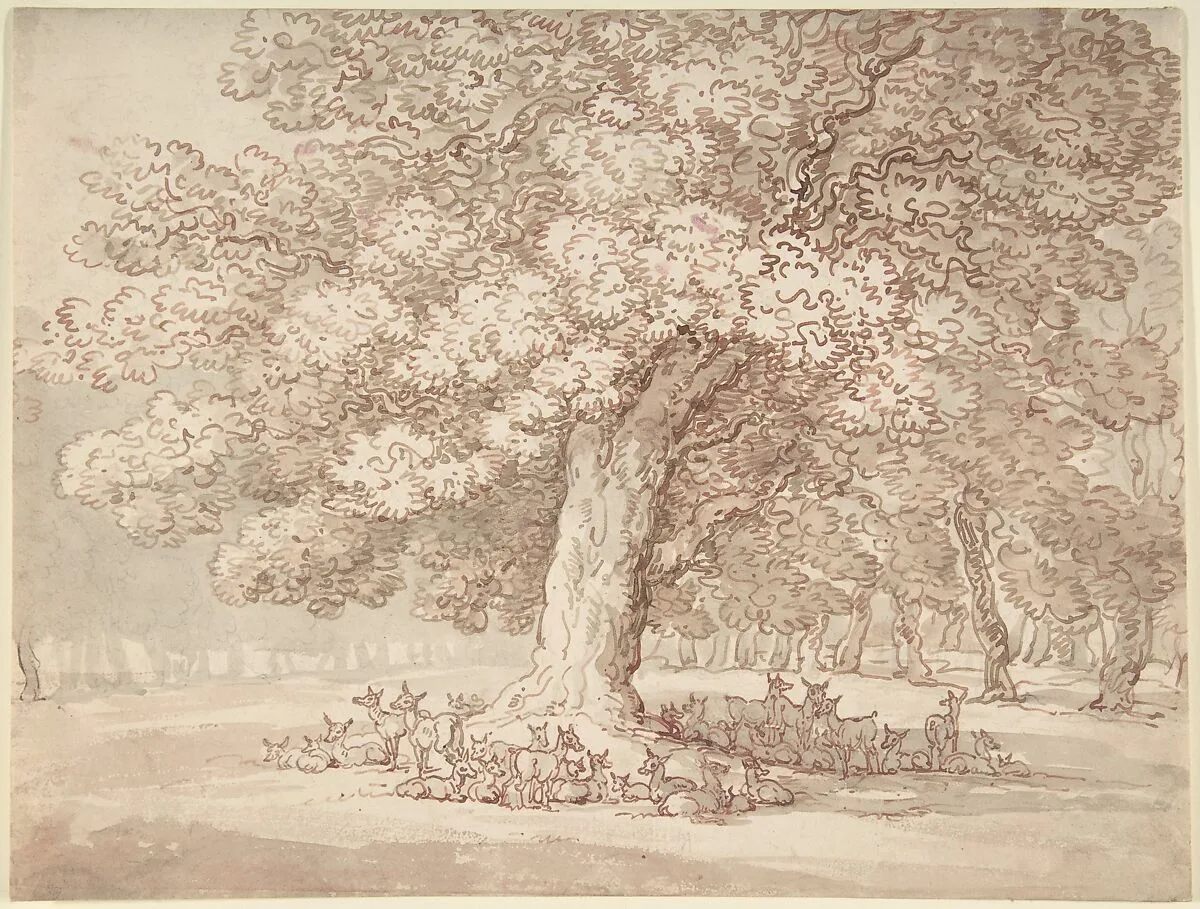 Herd of deer under an oak tree — Thomas Rowlandson