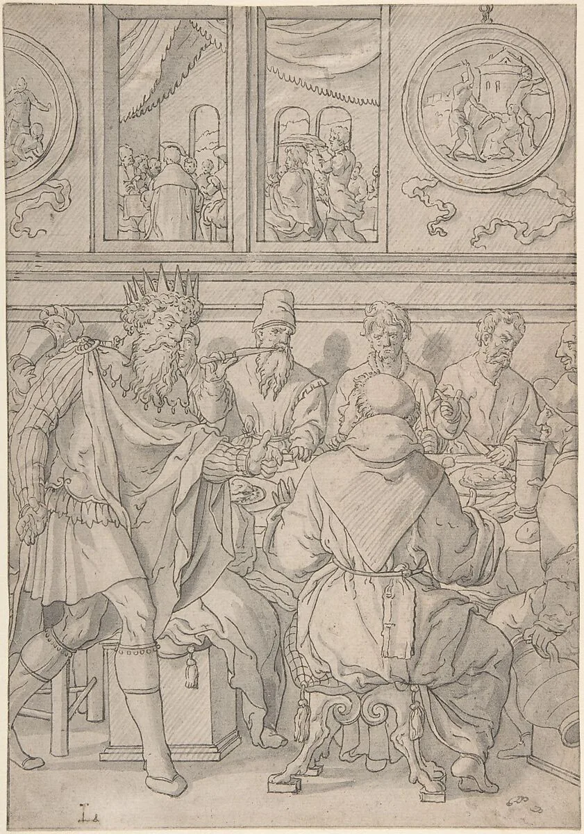 Scene from the parable of the marriage feast (Matthew 22:11-14; The king denouncing the man who was not wearing a wedding robe) — Anonymous, Netherlandish, 16th century|Jan Swart van Groningen