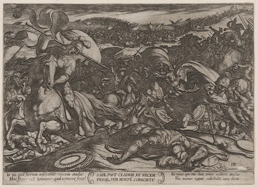 Plate 18: Saul's Suicide after His Defeat by the Philistines, from 'The Battles of the Old Testament'