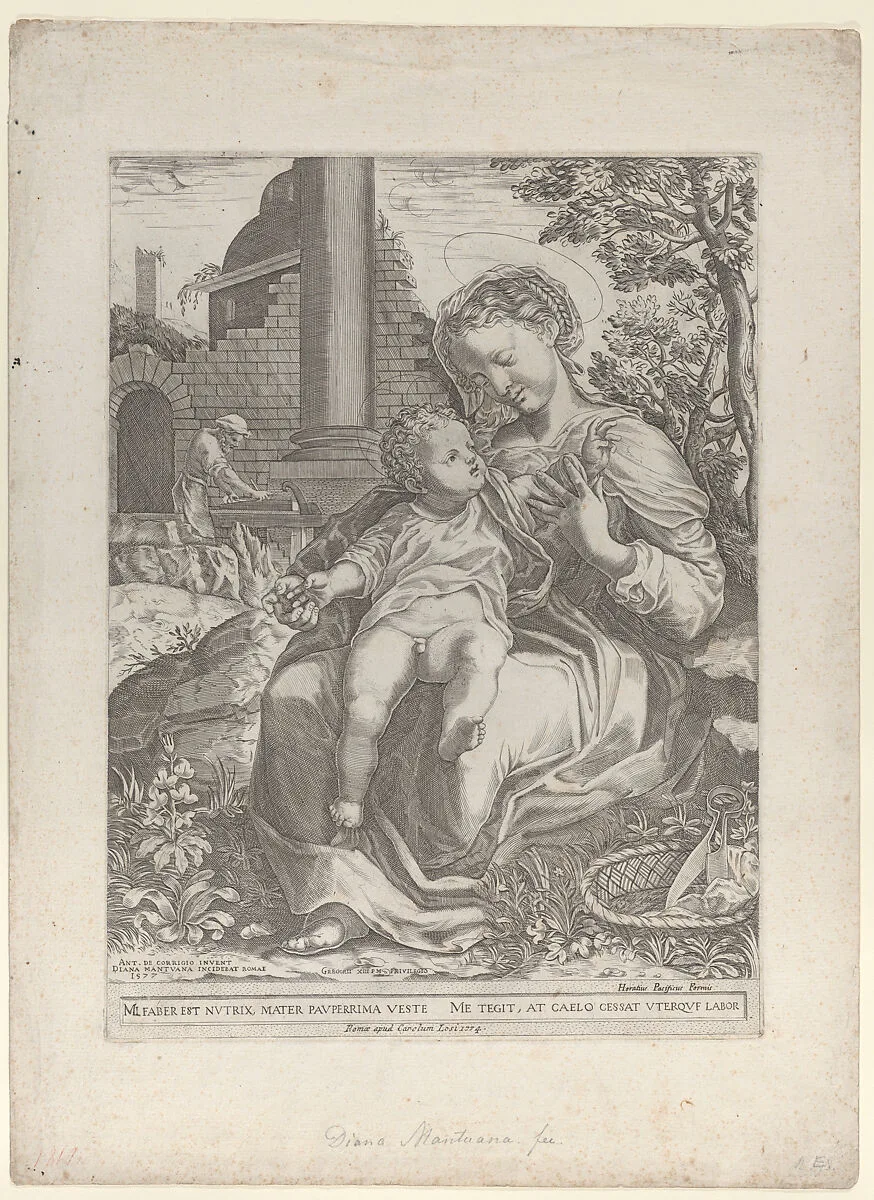 The Holy Family in Egypt, with Joseph as a carpenter in the background at left — Carlo Losi|Diana Scultori|Correggio (Antonio Allegri)