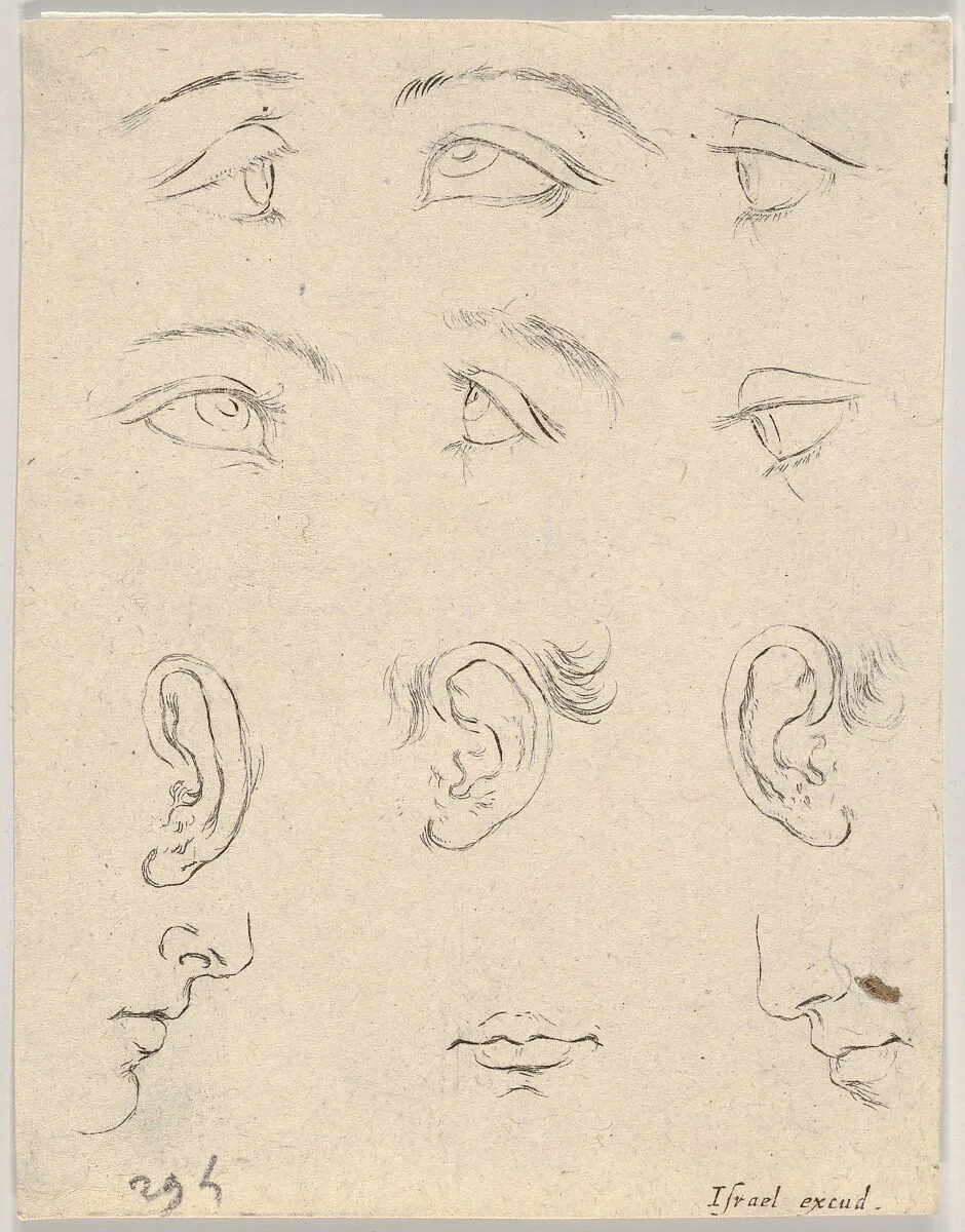 Plate 3: six eyes, three Ears, two Profiles, and a mouth, from 'The Book for Learning to Draw' (Livre pour apprendre à dessiner) — Stefano della Bella|Israël Henriet