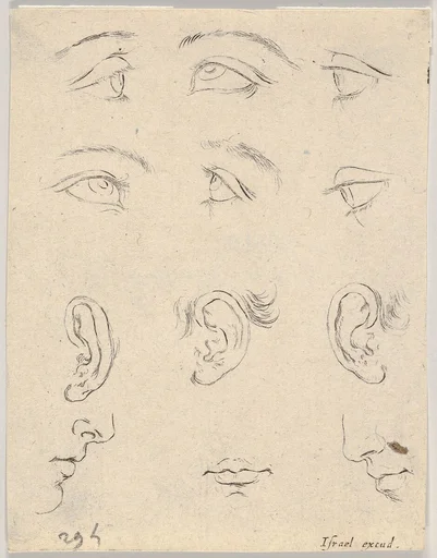 Plate 3: six eyes, three Ears, two Profiles, and a mouth, from 'The Book for Learning to Draw' (Livre pour apprendre à dessiner)