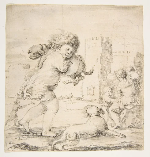 Child Carrying a Puppy on his Shoulder