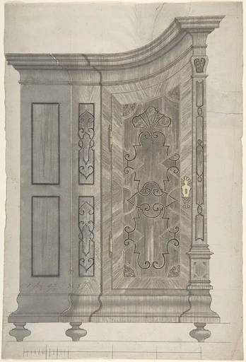 Design for a Concave Corner Cabinet (Possibly Part of a Larger Wall-Covering Unit)