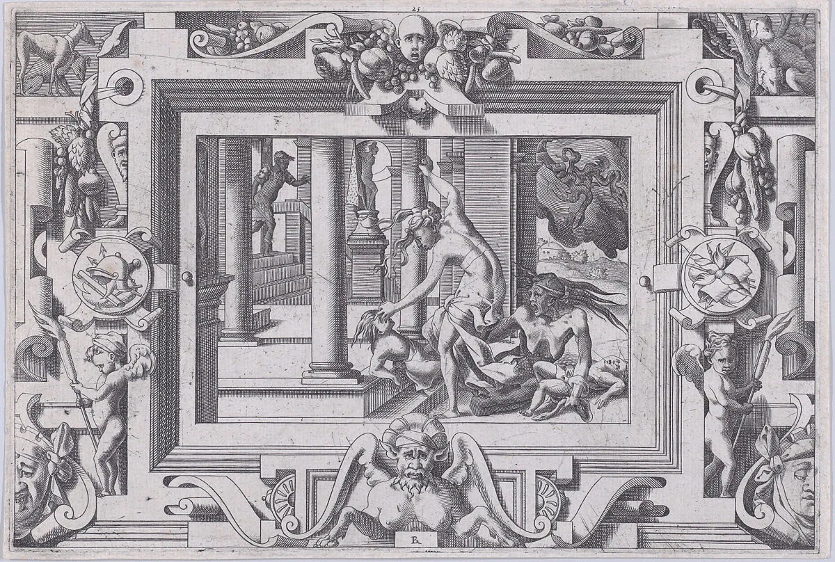 Medea Kills Her Two Children by Jason (Pour qui d'Absyrte a le sang repandu, fait que du sien le tort lui soit rendu...), from "Jason and the Golden Fleece" — René Boyvin|Leonard Thiry