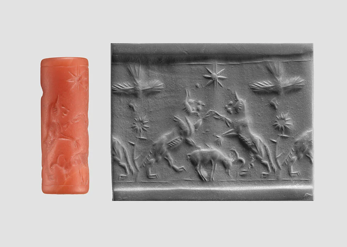 Cylinder seal and modern impression: rampant lions over grazing ram — Unknown