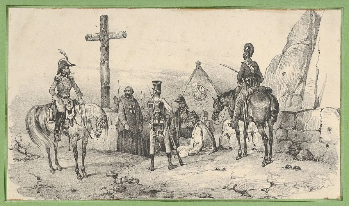 Soldiers gathered in front of a church with priests and a crucifix — Victor Adam