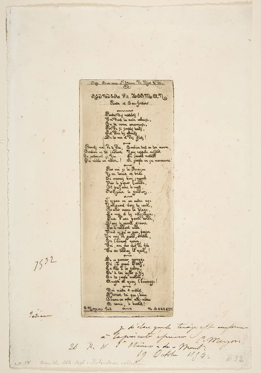 Dedicatory verses by Meryon to Reiner Nooms, called Zeeman — Charles Meryon|Reinier Nooms, called Zeeman