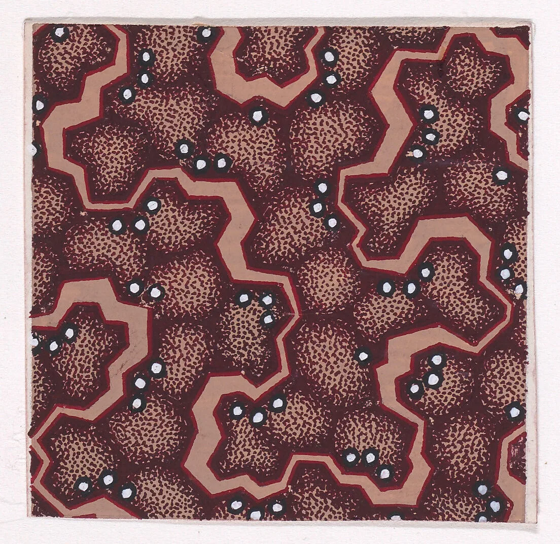 Textile Design with an Undulating Ribbon with Hard Edges and Pearls over an Abstract Honeycomb Pattern — Anonymous, Alsatian, 19th century