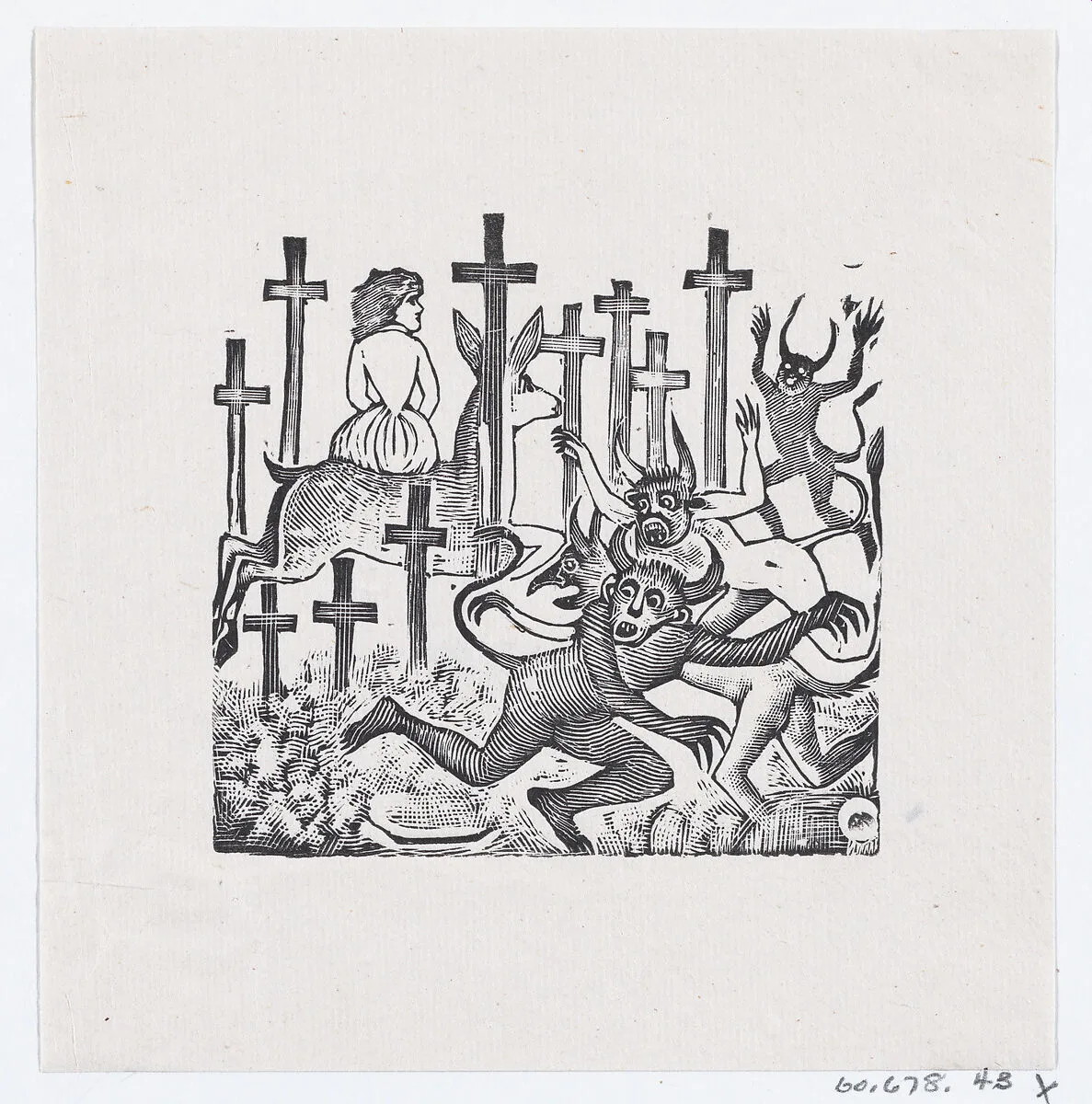 Demons running away from a woman on a deer riding through a field of crosses — José Guadalupe Posada|José Sanchez