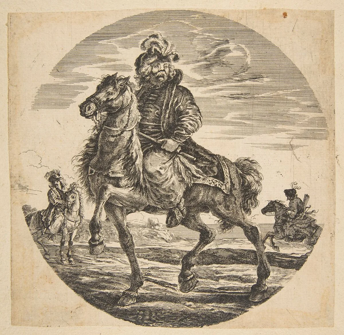 Hungarian horseman riding towards the left, other horsemen in the background, a circular composition from 'Figures on Horseback' (Cavaliers nègres, polonais et hongrois) — Stefano della Bella|Johanna Christina Küsell|Jeremias Wolff