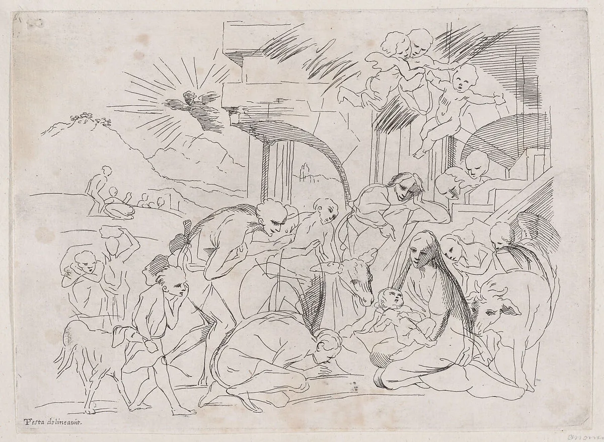 The adoration of the shepherds who gather at left, angels holding a banderole upper right — Pietro Testa|Anonymous, 18th century