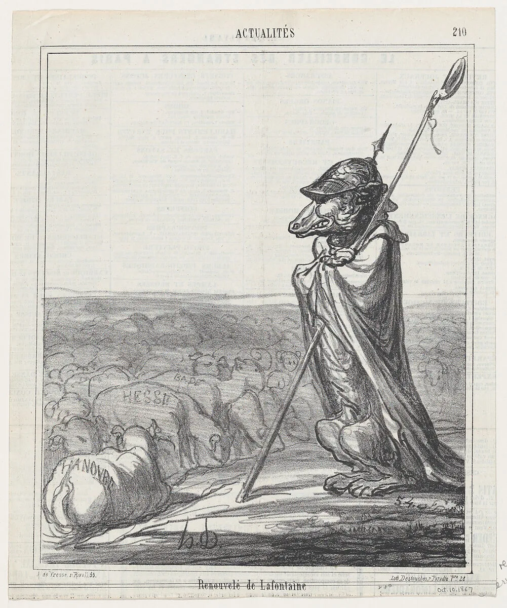 La Fontaine renewed, from 'News of the day,' published in Le Charivari, October 10, 1867 — Arnaud de Vresse|Destouches|Honoré Daumier