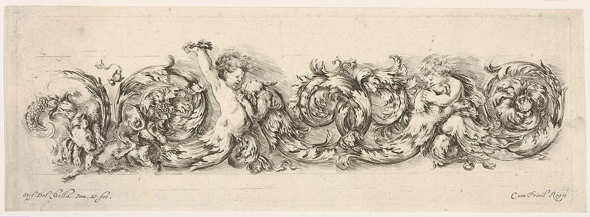 Design for a Frieze with Acanthus Scrolls and Playing Putti and Dogs, Plate 12 from: 'Decorative friezes and foliage' (Ornamenti di fregi e fogliami) — Stefano della Bella