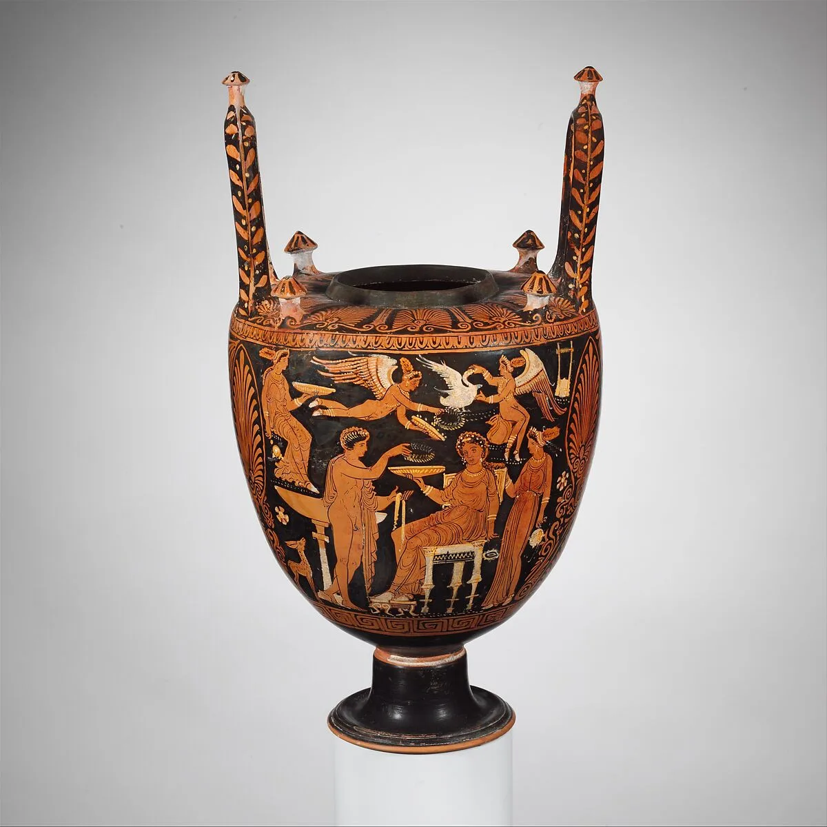 Terracotta lebes gamikos (jar with lid, foot, and handles associated with weddings) — Group of New York 28.57.10
