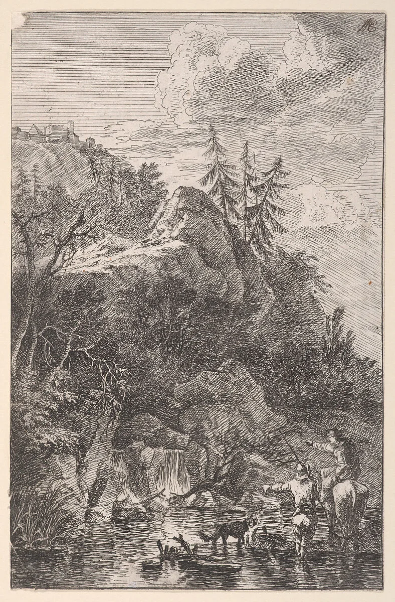 Plate 5: female figure on horseback and a male figure with a dog standing in a stream, pointing to a waterfall at left in the background, from 'Landscapes in the manner of Salvator Rosa' (Die Landschaften in Sal. Rosa's) — Franz Joachim Beich