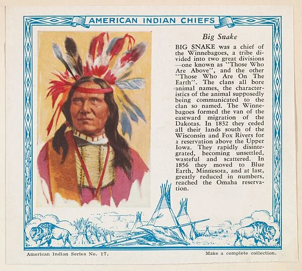 Big Snake, No. 17, collector card from the American Indian Series (D6), issued by the Kelley Baking Company to promote Kelley's Bread — Kelley Baking Company