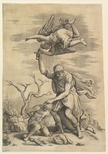 The sacrifice of Abraham who needs before Isaac who raises his sword to strike him