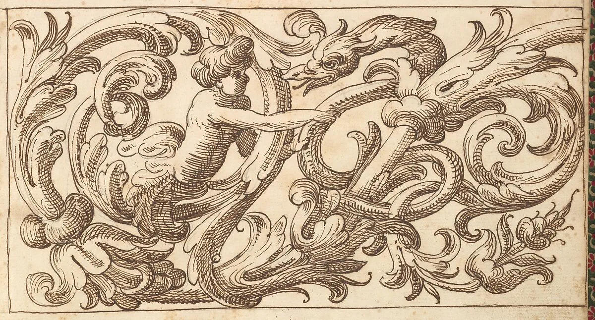 Horizontal Panel Design with a Young Man and a Fantastical Creature Interspersed between Acanthus Rinceaux — Polifilo Giancarli|Anonymous, Italian, Venetian, 17th century