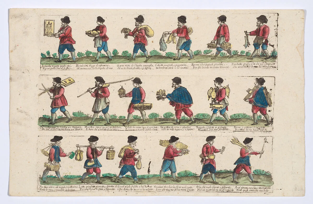 Unnumbered plate depicting the trades of Rome, here including vendors of religious images, herbs, pigs, socks, bellows, milk, etc, from the 'Descrición de las artes que se llaman para los calles de la ciudad de Roma' — Remondini|Giovanni Ambrogio Brambilla