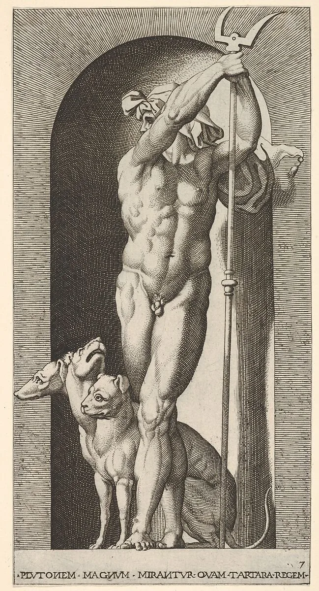 Plate 7: Pluto in a niche, holding a bident, with Cerberus next to him, from "Mythological Gods and Goddesses" — Giovanni Jacopo Caraglio|Rosso Fiorentino