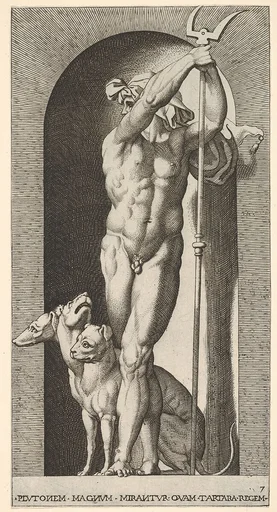 Plate 7: Pluto in a niche, holding a bident, with Cerberus next to him, from "Mythological Gods and Goddesses"