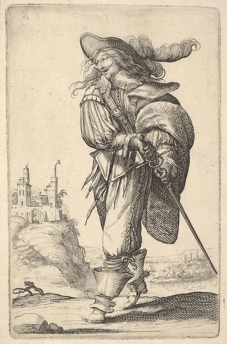 A gentleman, walking towards the left and drawing his sword from the sheath, wearing a plumed hat and boots with spurs, from "The Garden of the French Nobles In Which One Can Pick Up Their Way of Dressing" — Abraham Bosse|Jean de Saint-Igny