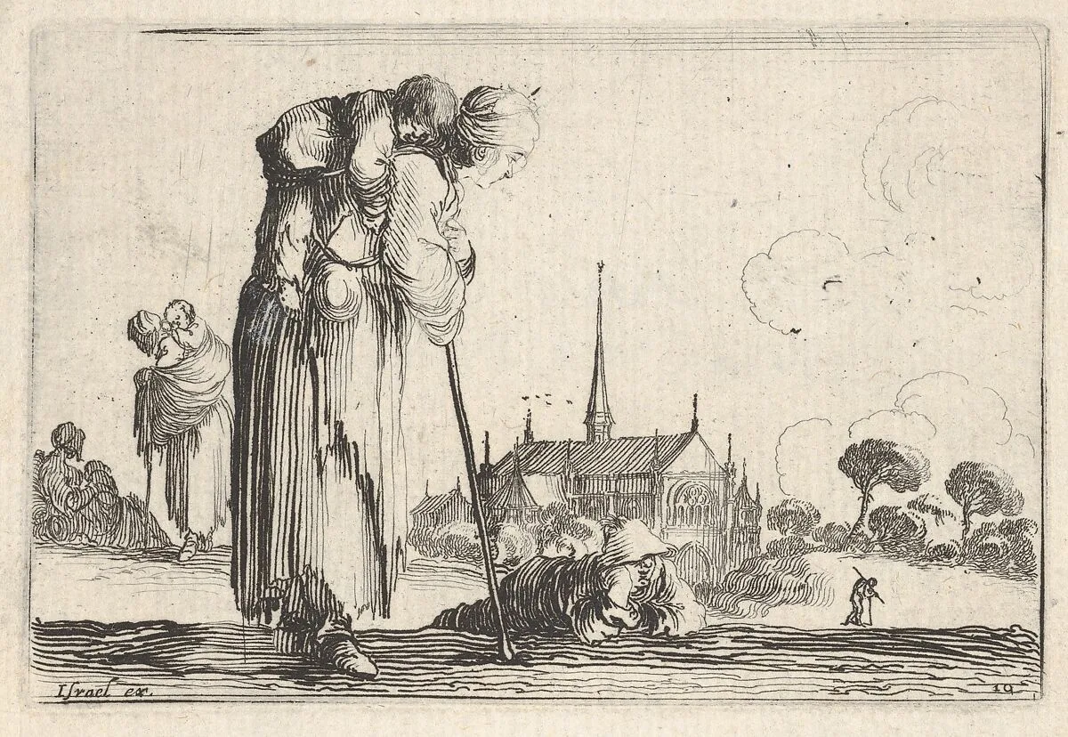 Plate 10: a peasant woman turned towards the right with a child on her back, a boy lying on the ground behind her in center, two women and a child to left in middleground, a church to right in background, from 'Caprice faict par de la Bella' — Stefano della Bella|Israël Henriet