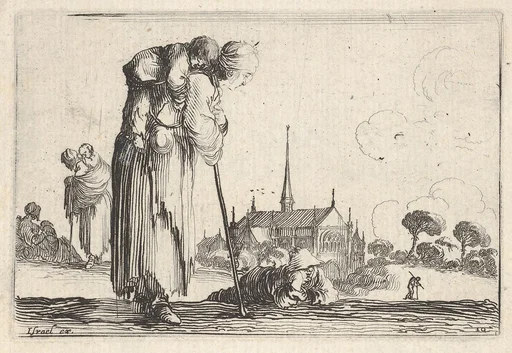 Plate 10: a peasant woman turned towards the right with a child on her back, a boy lying on the ground behind her in center, two women and a child to left in middleground, a church to right in background, from 'Caprice faict par de la Bella'