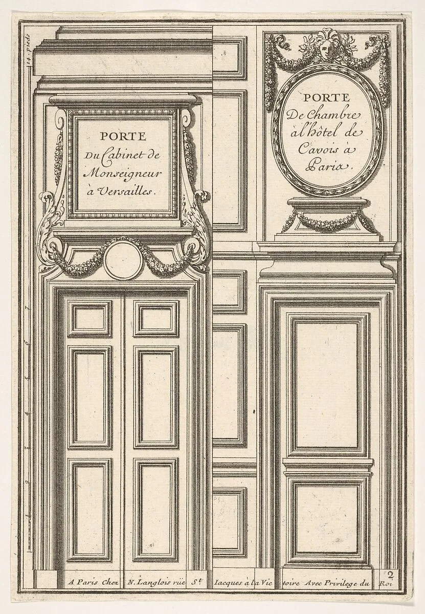 Two Designs for Doors, one at Versailles and one at the Hotel Cavois in Paris, plate II from the Series 'Portes a Placard et Lambris', published as part of 'L'Architecture à la Mode' — Jean Le Pautre|Nicolas Langlois