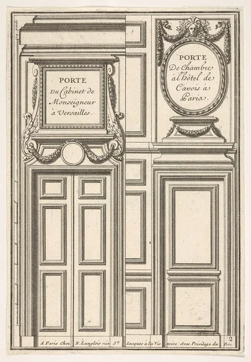 Two Designs for Doors, one at Versailles and one at the Hotel Cavois in Paris, plate II from the Series 'Portes a Placard et Lambris', published as part of 'L'Architecture à la Mode'