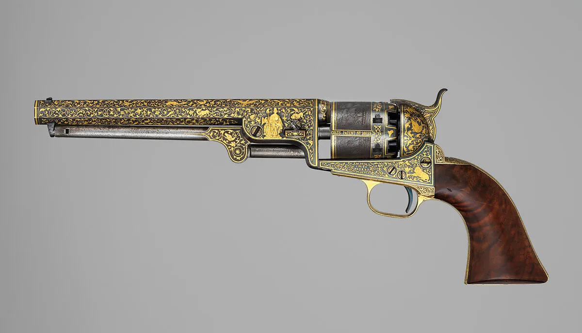 Gold-inlaid Colt Model 1851 Navy Revolver (serial no. 20133), with Case and Accessories — Samuel Colt|Waterman Lilly Ormsby