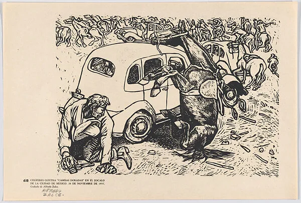 Plate 68: taxi drivers against the Gold Shirts in the Zócalo, Mexico City on 20 November 1935, from the portfolio 'Estampas de la revolución Mexicana' (prints of the Mexican Revolution) — Taller de Gráfica Popular|Alfredo Zalce