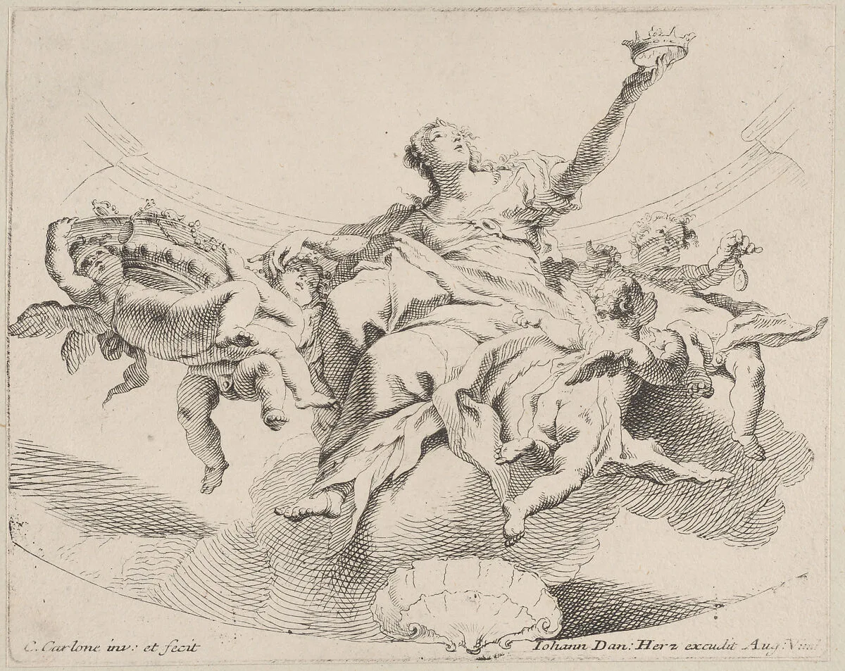 Power, represented by a woman seated on clouds holding a crown and surrounded by putti — Carlo Innocenzo Carloni|Johann Daniel Herz the Elder