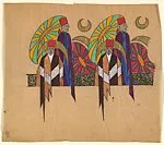 Repetitive Pattern with Two Figures in Fezes Before Gold Crescent Moons — Anonymous, French, 20th century