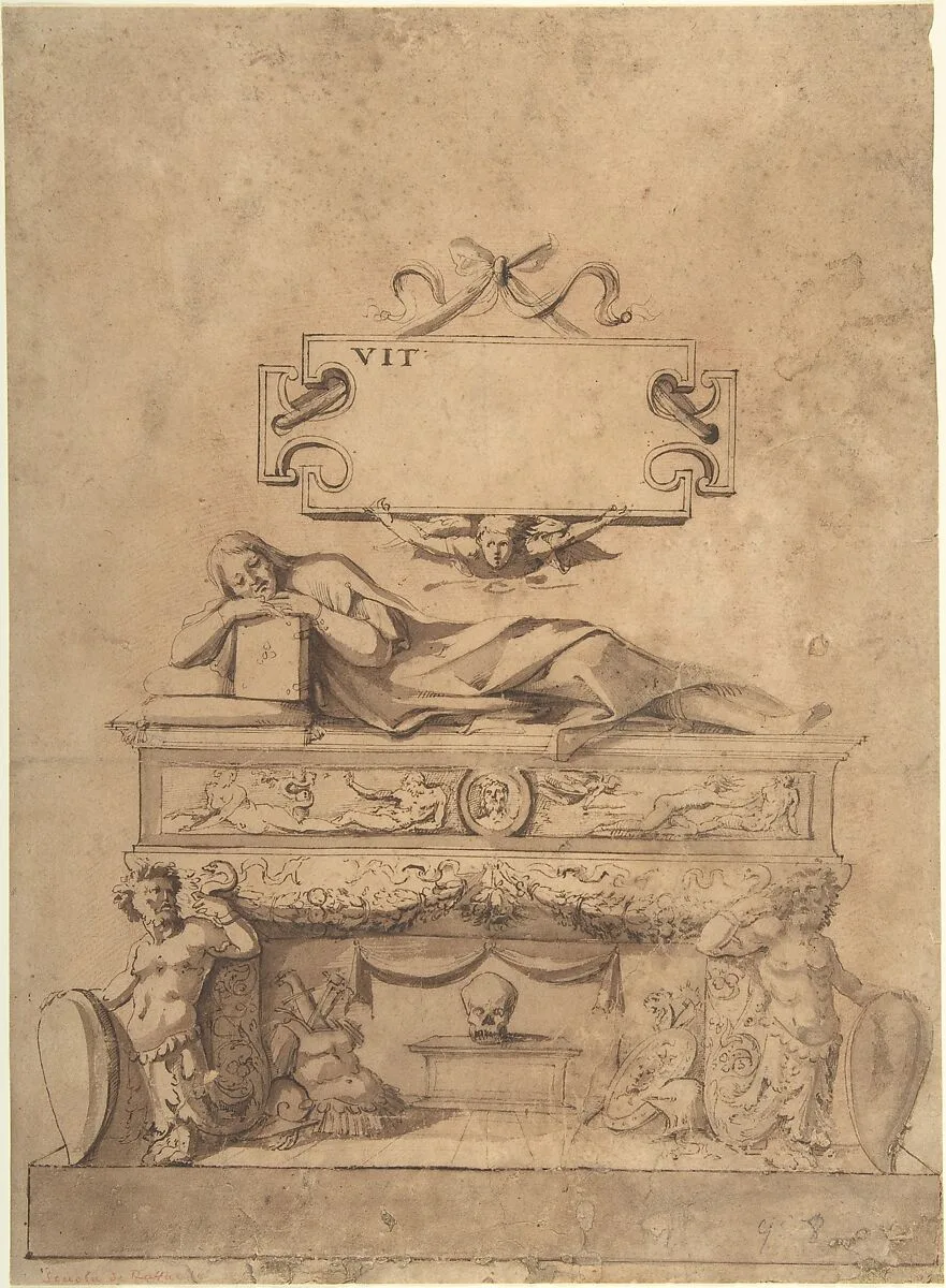 Tomb Design with Reclining Figure on Sarcophagus — Anonymous, Italian, 16th century