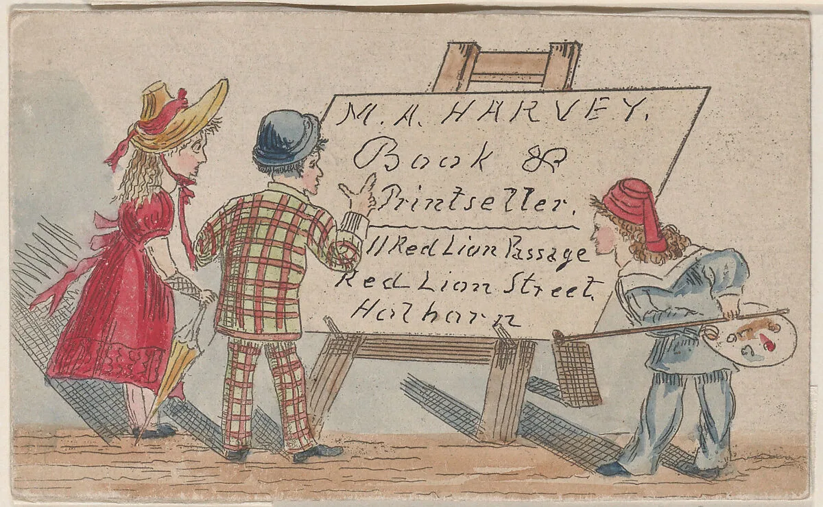 Trade card for M.A. Harvey, Book and Printseller — Anonymous, British, 20th century