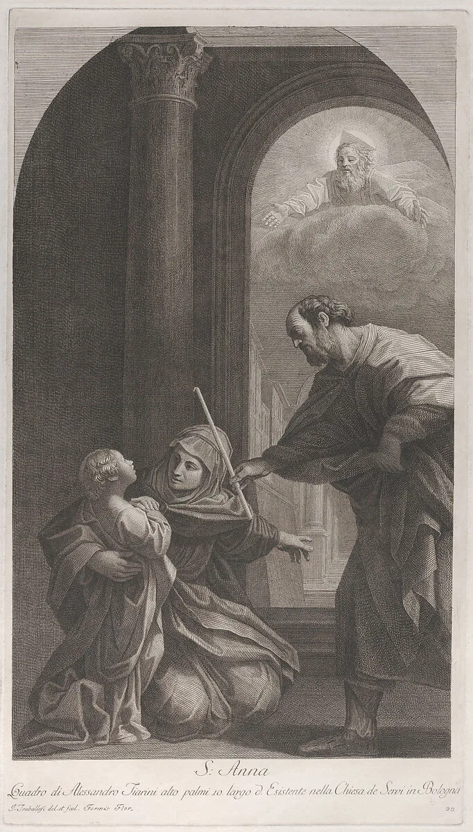Saint Anne kneeling holding the Virgin, with Saint Joachim holding his staff at right — Giuliano Traballesi|Alessandro Tiarini