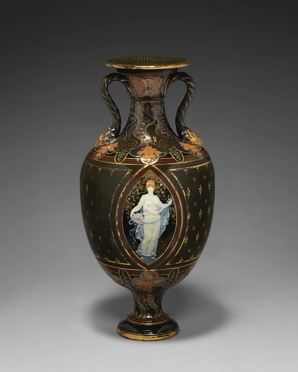 Olive-green ground vase with pâte-sur-pâte decoration — Minton(s)|Louis Marc Emmanuel Solon