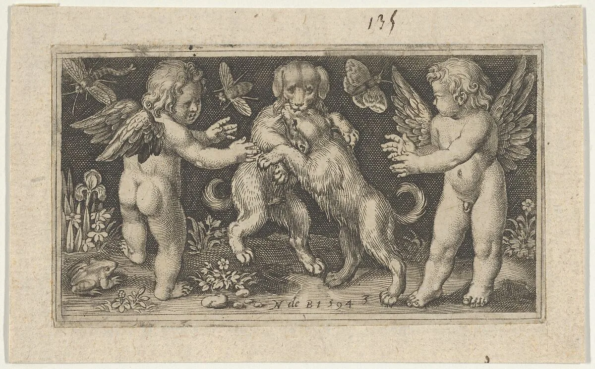 Two Genii with Two Dogs Fighting — Nicolaes de Bruyn|Assuerus van Londerseel