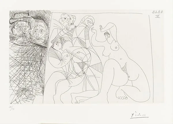 Two Spectators, one in a Rembrandtesque Hat, Admiring a Painting of Bacchantes, from 347 Suite — Pablo Picasso|Aldo and Piero Crommelynck|Galerie Louise Leiris