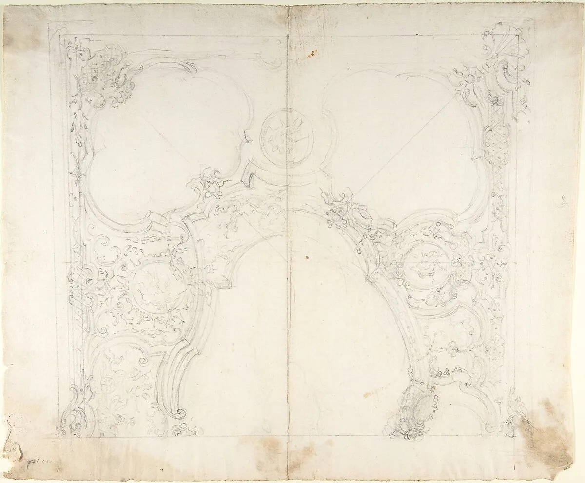 Design for One Half of a Ceiling with Medaillons with Figure Sketches Inside (recto); Design for an Interior Wall Elevation (verso) — Leonardo Marini