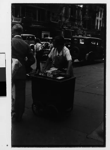 [Two 35mm Film Frames: Housegoods Vendor and Cart on Fourteenth Street, New York City]