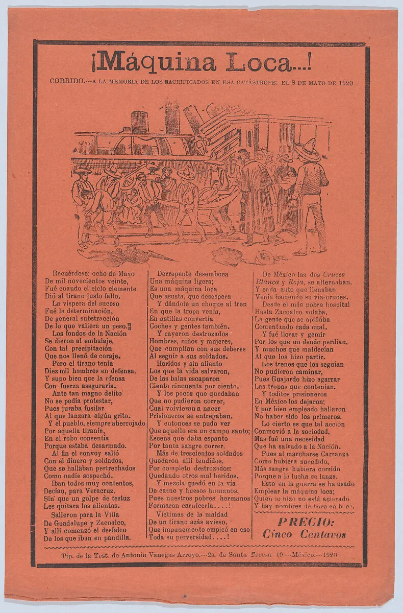 Broadsheet relating to a train accident that killed many people, wounded victims being carried on stretchers — José Guadalupe Posada|Antonio Vanegas Arroyo