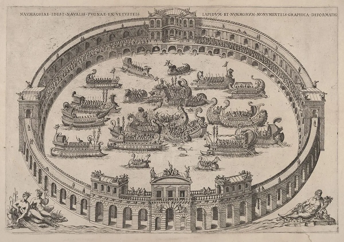 Naval engagement set inside a Roman arena, with the river Tiber and nymphs at lower left and right — Etienne DuPérac