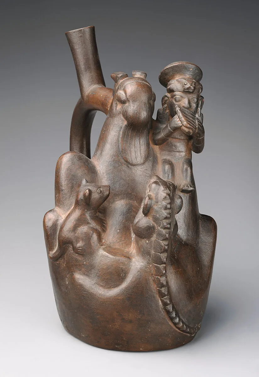 Stirrup-spout bottle with mountain sacrifice scene — Moche artist