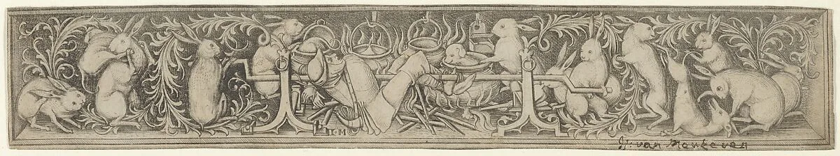 Hares Roasting the Hunter — Israhel van Meckenem