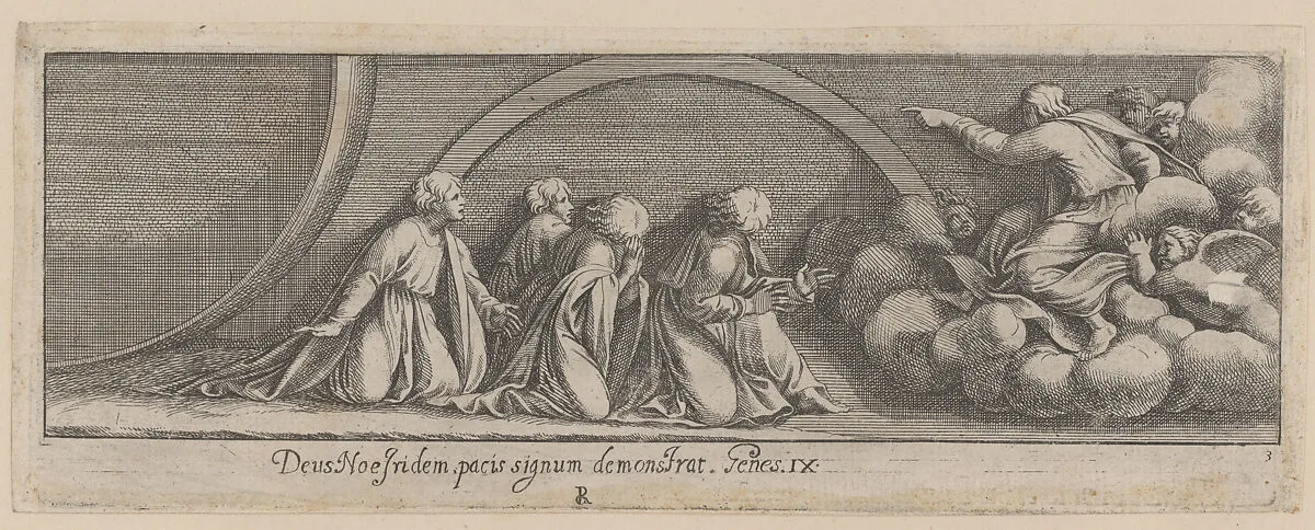 Plate 3: God Addressing Noah and his Sons, from Genesis Chapter 3, after a lost fresco in the basamento of Bay 13 of the Vatican Loggia — Pietro Santi Bartoli|Giovanni Giacomo De Rossi|Raphael (Raffaello Sanzio or Santi)