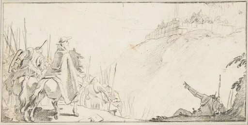 Illustration for a Book: Cardinal with Troops Facing a Fortification on a Hilltop